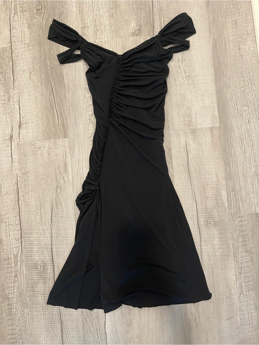 Black Ruched Off-Shoulder Midi Dress